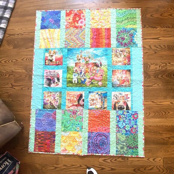 HANDMADE QUILTED DOG WALL HANGING 67” X 52” Lap Blanket Puppy Dogs Colorful - Picture 1 of 6